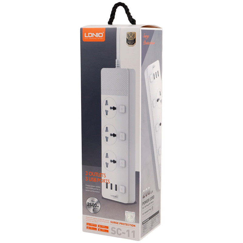 چند راهی 3 خانه برق ارت دار الدینیو SC-11 با کابل 2 متری + شارژر USB