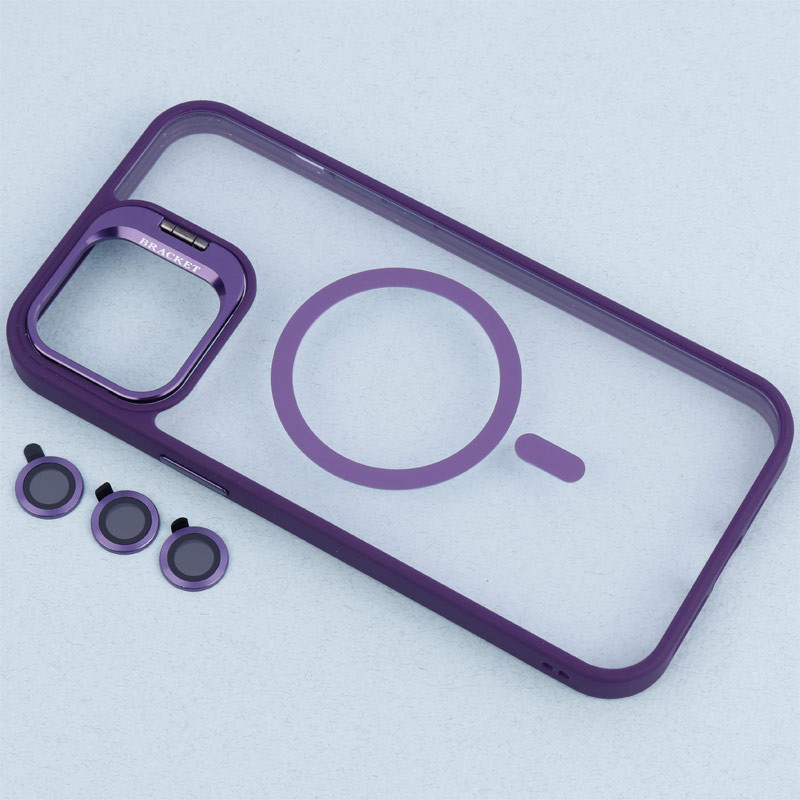 قاب PC شفاف Bracket استند شو مگ سیف + محافظ لنز رینگی iPhone 12 Pro Max