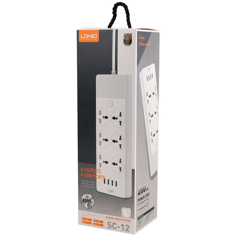 چند راهی 6 خانه برق ارت دار الدینیو SC-12 با کابل 2 متری + شارژر USB