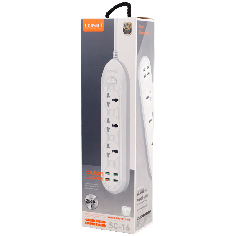 چند راهی 3 خانه برق ارت دار الدینیو SC-16 با کابل 2 متری + شارژر USB