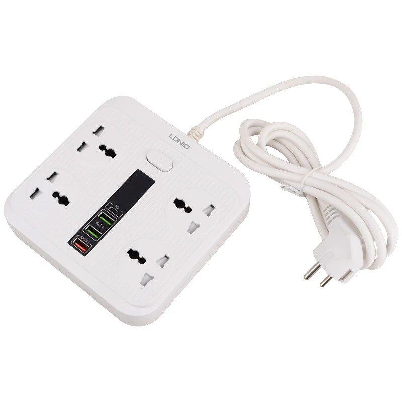 چند راهی 4 خانه برق ارت دار الدینیو SC-18 با کابل 2 متری + شارژر USB و Type-C