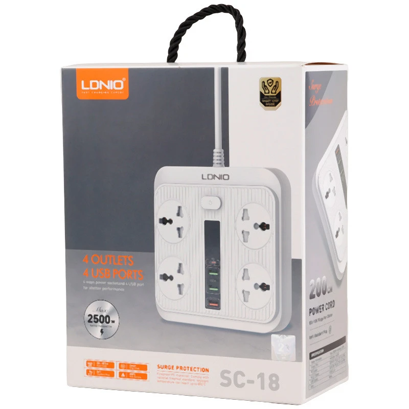 چند راهی 4 خانه برق ارت دار الدینیو SC-18 با کابل 2 متری + شارژر USB و Type-C