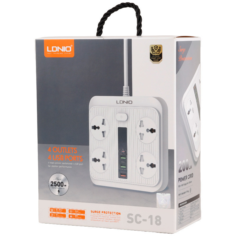 چند راهی 4 خانه برق ارت دار الدینیو SC-18 با کابل 2 متری + شارژر USB و Type-C