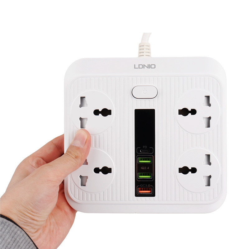 چند راهی 4 خانه برق ارت دار الدینیو SC-18 با کابل 2 متری + شارژر USB و Type-C