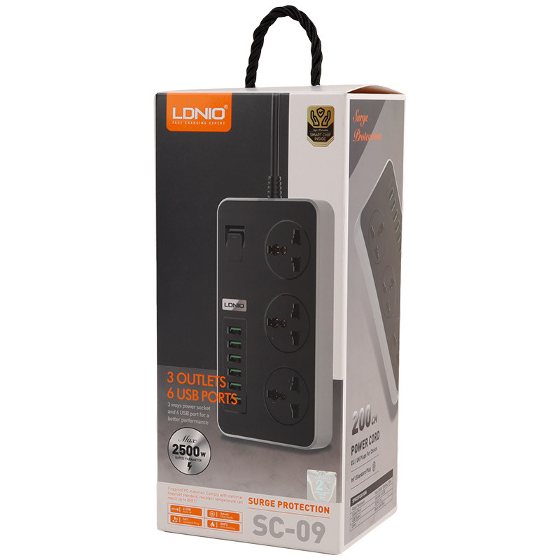 چند راهی 3 خانه برق ارت دار الدینیو SC-09 با کابل 2 متری + شارژر USB