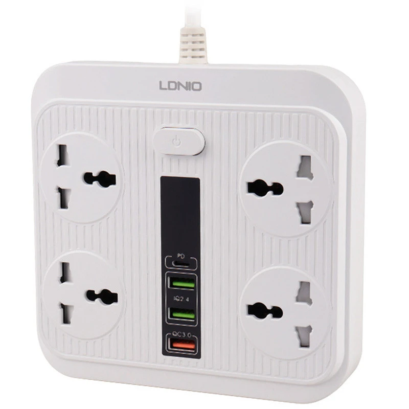 چند راهی 4 خانه برق ارت دار الدینیو SC-18 با کابل 2 متری + شارژر USB و Type-C