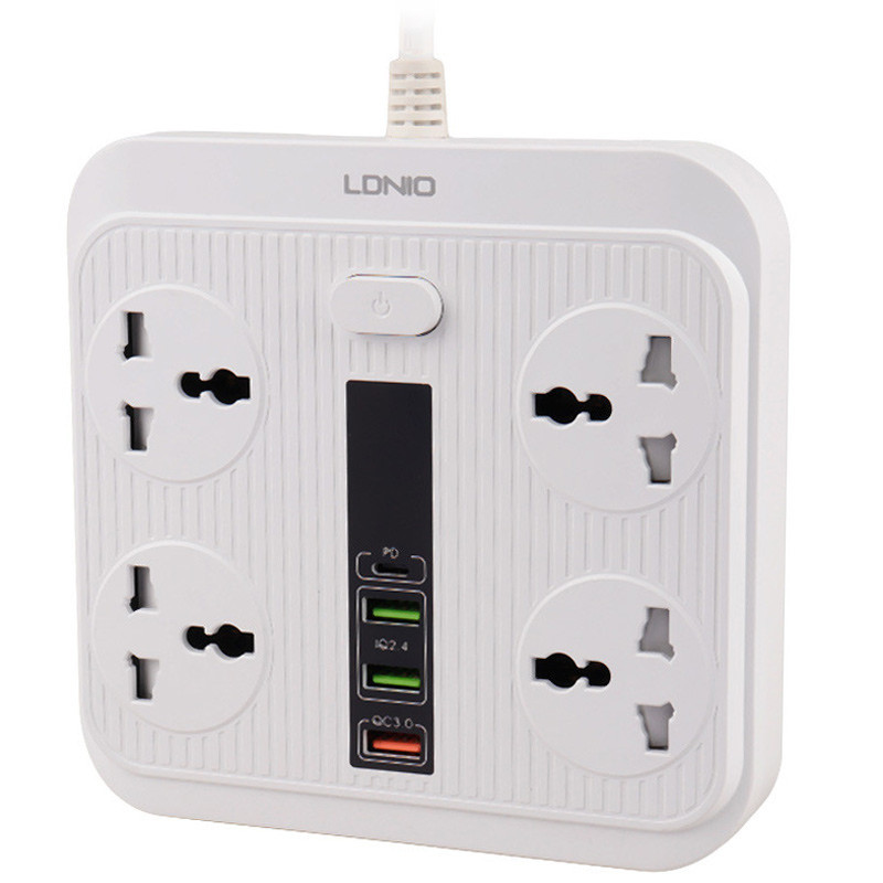 چند راهی 4 خانه برق ارت دار الدینیو SC-18 با کابل 2 متری + شارژر USB و Type-C
