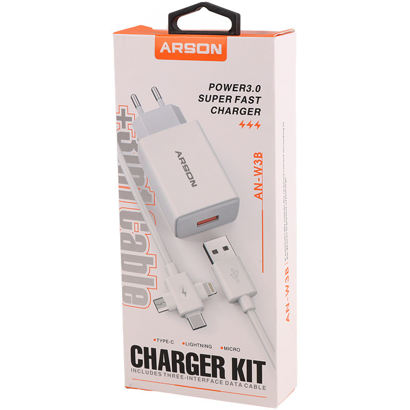 شارژر دیواری فست شارژ Arson AN-W3B PD 3A + کابل 3 سر