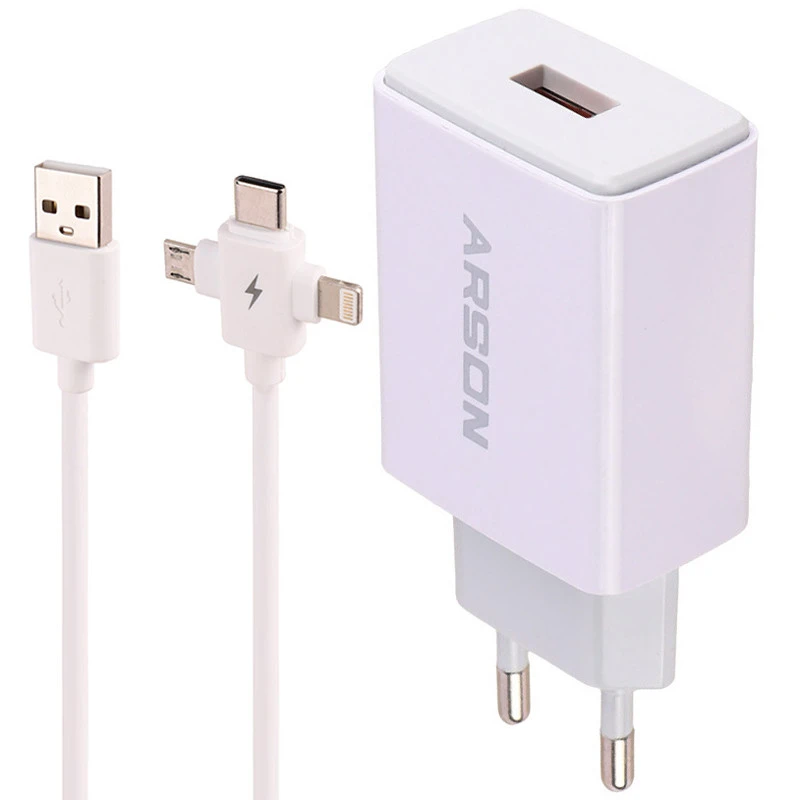 شارژر دیواری 18 وات آرسون AN-W3B QC3.0 PD 3A + کابل 3 سر