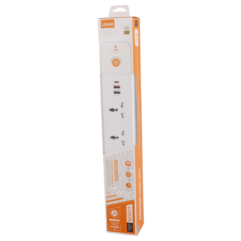 چند راهی ۵ خانه برق ارت دار الدینیو SC5319 با کابل ۲ متری + شارژر USB و Type-C