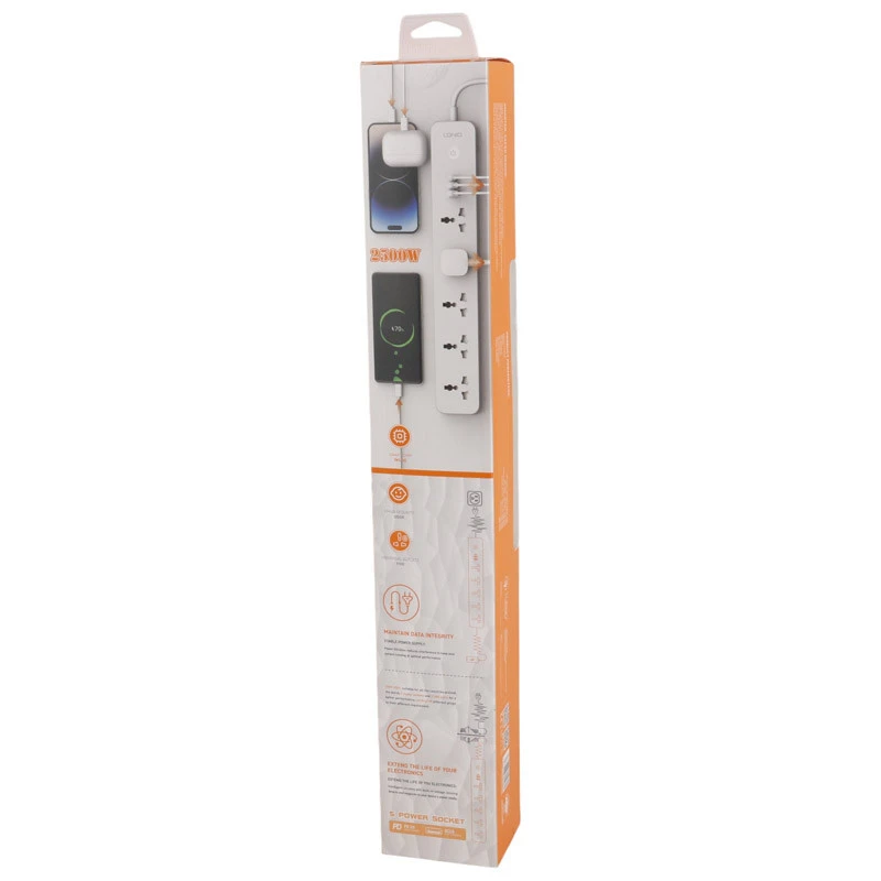 چند راهی ۵ خانه برق ارت دار الدینیو SC5319 با کابل ۲ متری + شارژر USB و Type-C