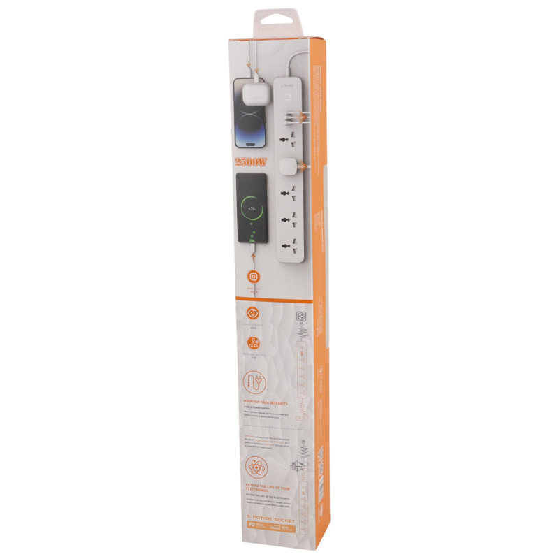 چند راهی ۵ خانه برق ارت دار الدینیو SC5319 با کابل ۲ متری + شارژر USB و Type-C