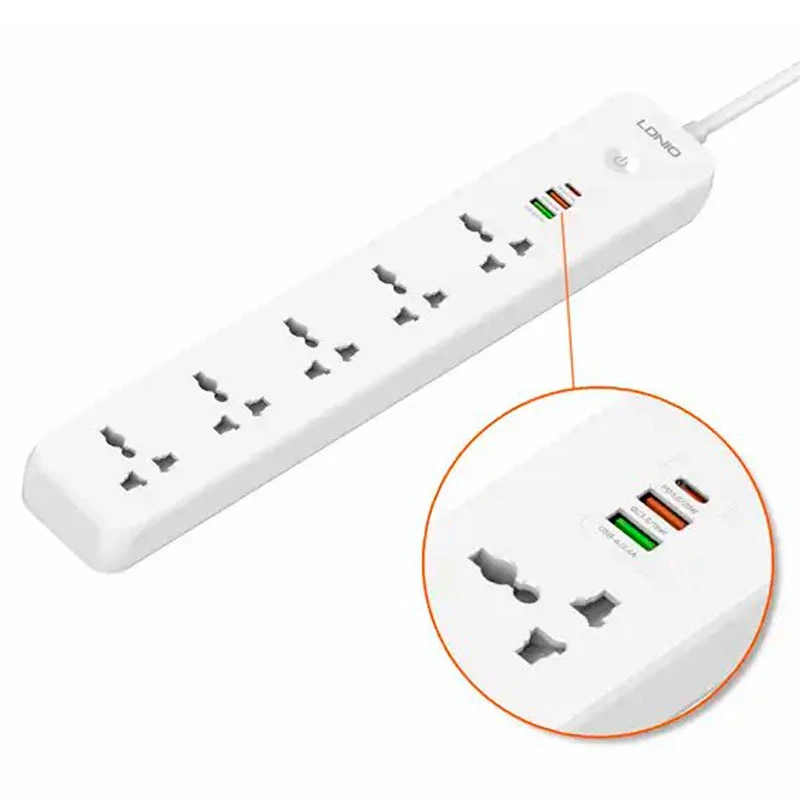 چند راهی ۵ خانه برق ارت دار الدینیو SC5319 با کابل ۲ متری + شارژر USB و Type-C