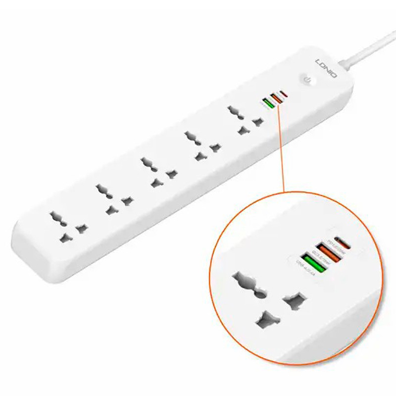 چند راهی ۵ خانه برق ارت دار الدینیو SC5319 با کابل ۲ متری + شارژر USB و Type-C