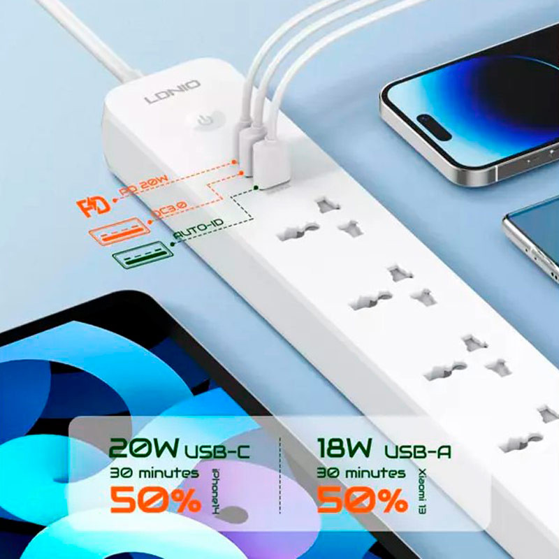 چند راهی ۵ خانه برق ارت دار الدینیو SC5319 با کابل ۲ متری + شارژر USB و Type-C