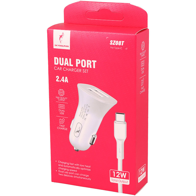 شارژر فندکی فست شارژ Sky Dolphin SZ08 2.4A 12W + کابل تایپ سی