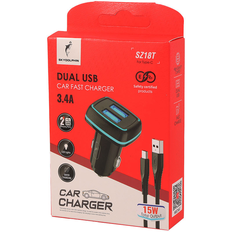 شارژر فندکی فست شارژ Sky Dolphin SZ18T 3.4A 15W + کابل تایپ سی