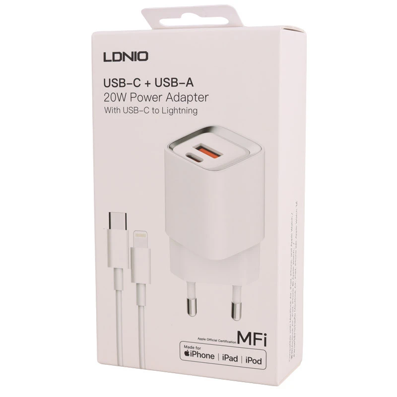 شارژر دیواری فست شارژ LDNIO A2318M 2Port 3A QC3 PD 20W + کابل آیفونی