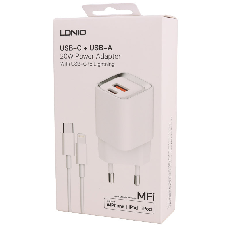 شارژر دیواری فست شارژ LDNIO A2318M 2Port 3A QC3 PD 20W + کابل آیفونی