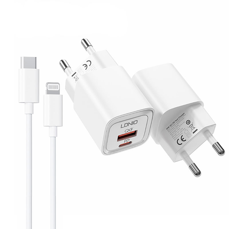 شارژر دیواری فست شارژ LDNIO A2318M 2Port 3A QC3 PD 20W + کابل آیفونی