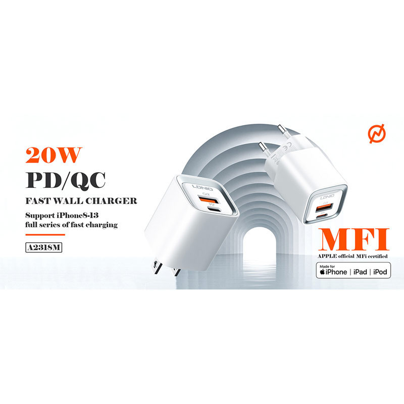 شارژر دیواری فست شارژ LDNIO A2318M 2Port 3A QC3 PD 20W + کابل آیفونی