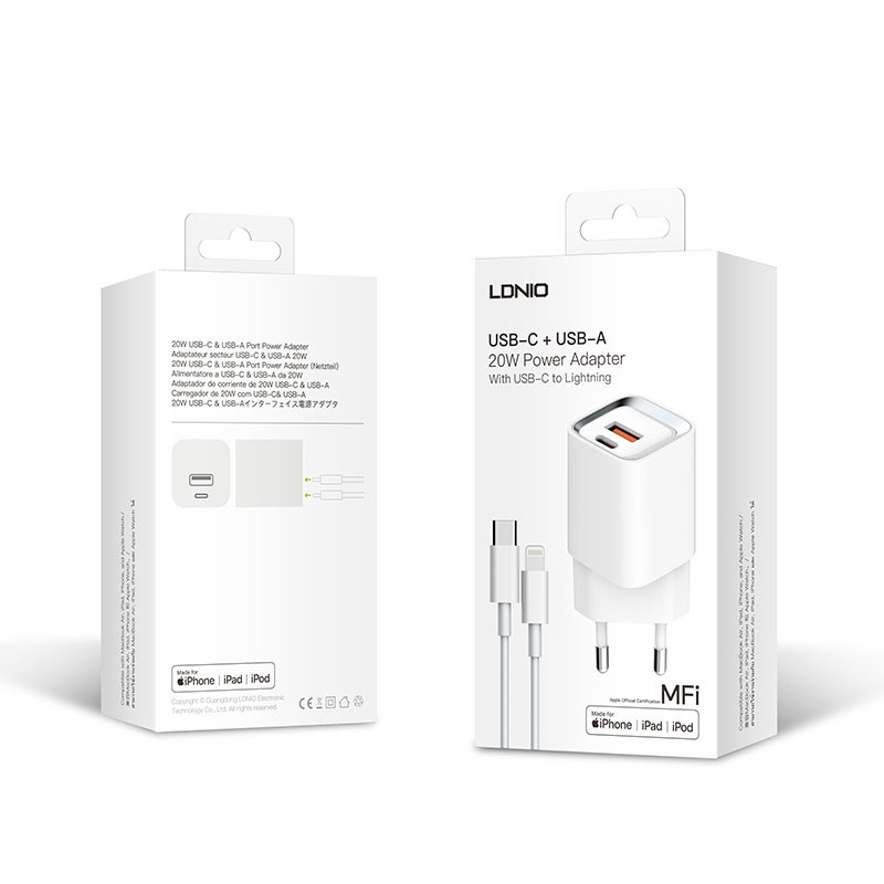 شارژر دیواری فست شارژ LDNIO A2318M 2Port 3A QC3 PD 20W + کابل آیفونی