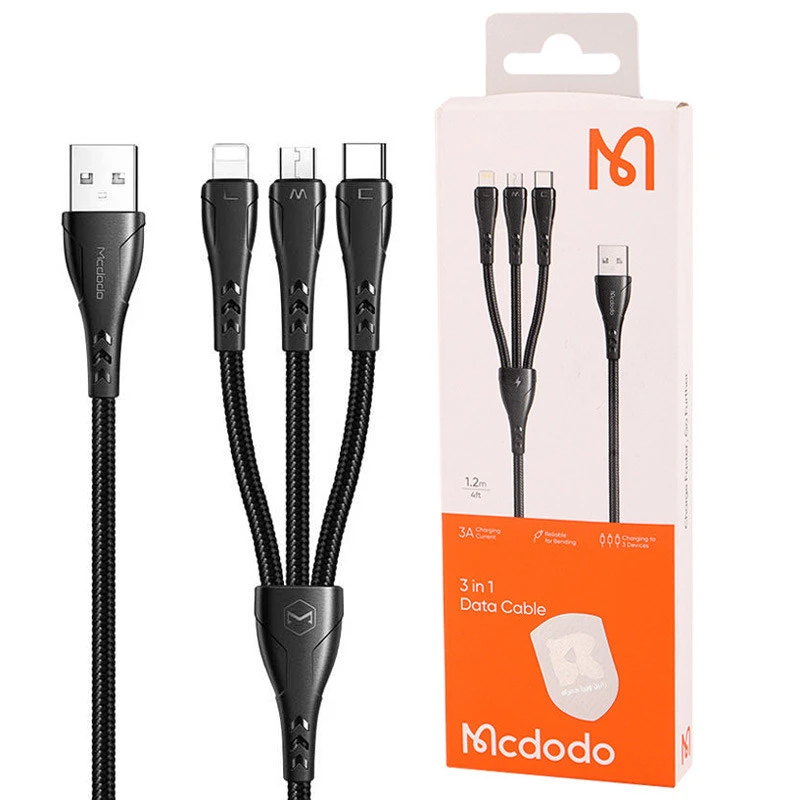 کابل سه سر فست شارژ 3 آمپر مک دودو CA-696 طول 1.2 متر