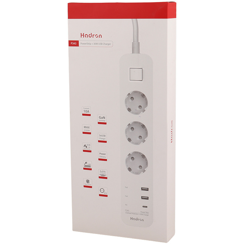 چند راهی 3 خانه برق ارت دار هادرون P343 با کابل 1.8 متری + شارژر USB