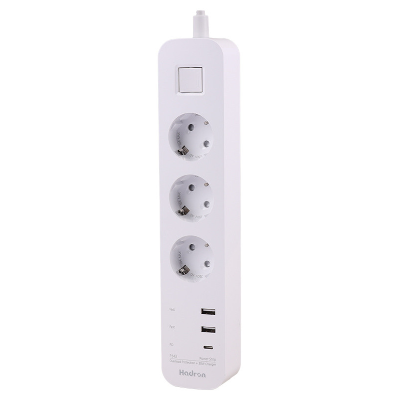 چند راهی 3 خانه برق ارت دار هادرون P343 با کابل 1.8 متری + شارژر USB