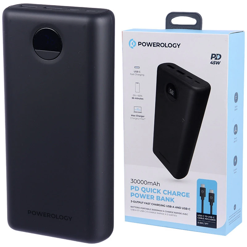 پاور بانک فست شارژ 30000 پاورولوجی Powerology PPBCHA07-BK QC3.0 PD 45W