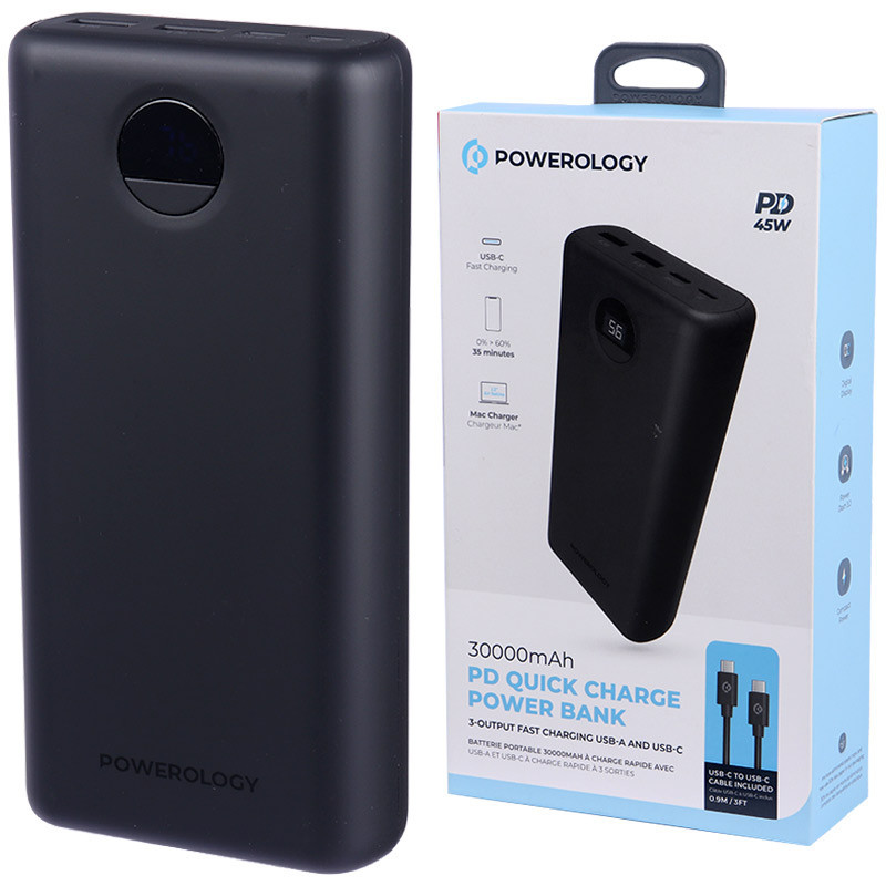 پاور بانک فست شارژ 30000 پاورولوجی Powerology PPBCHA07-BK QC3.0 PD 45W