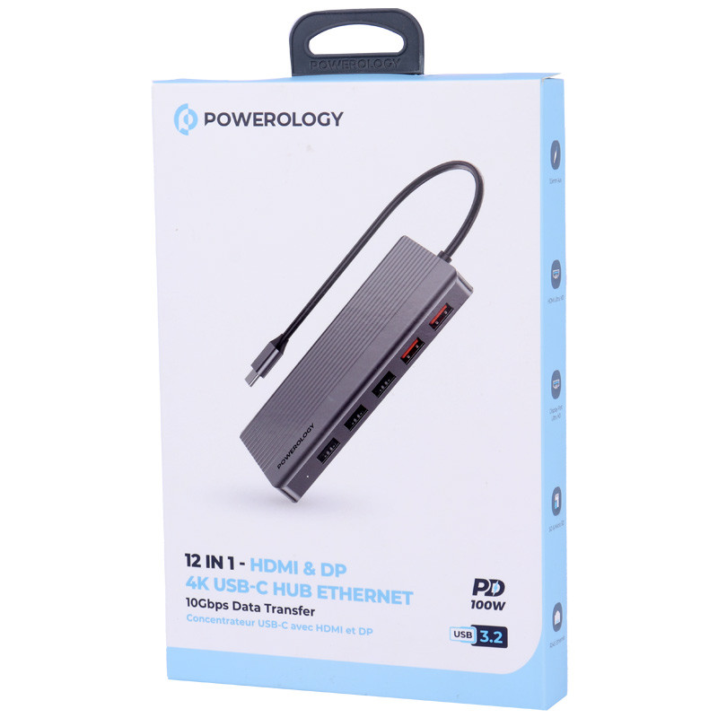 هاب و رم ریدر Powerology P121HBCGY Type-C To USB3.0/HDMI/SD/Micro SD/RJ45/AUX/Type-C