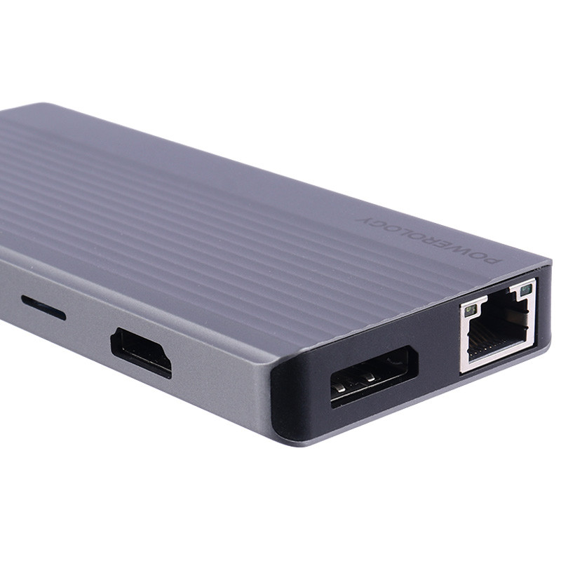 هاب و رم ریدر Powerology P121HBCGY Type-C To USB3.0/HDMI/SD/Micro SD/RJ45/AUX/Type-C