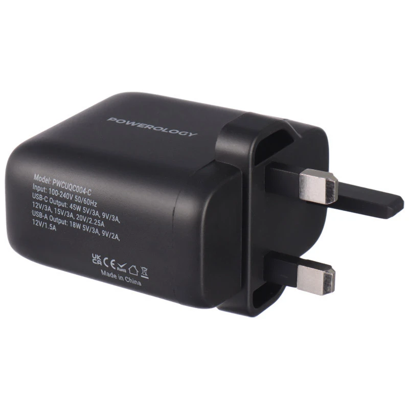 شارژر دیواری 45 وات پاورولوجی PWCUQC004-C QC3.0 PD 3A + کابل تبدیل تایپ سی