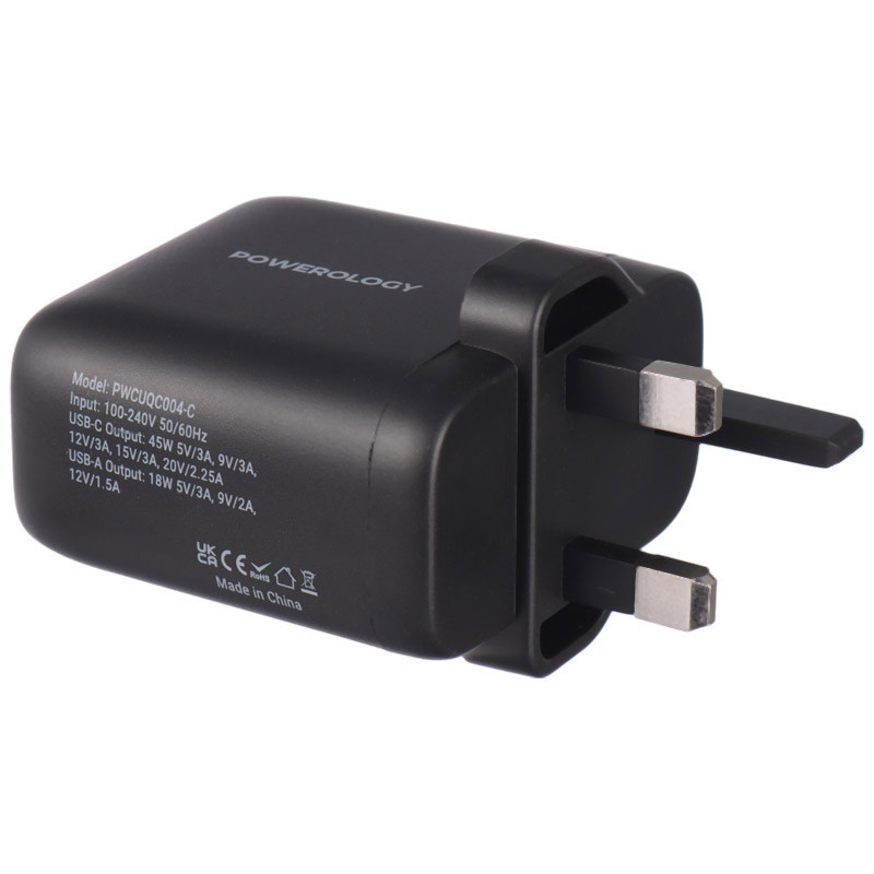 شارژر دیواری 45 وات پاورولوجی PWCUQC004-C QC3.0 PD 3A + کابل تبدیل تایپ سی