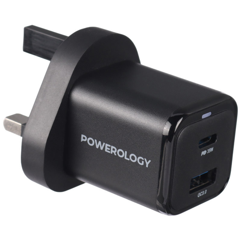 شارژر دیواری فست شارژ Powerology PWCUQC021 2Port 3A QC3.0 PD 35W + کابل آیفونی