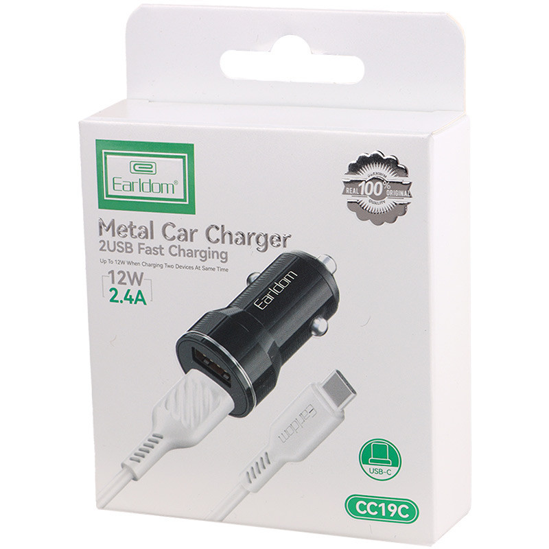 شارژر فندکی فست شارژ Earldom ES-CC19C 2.4A 12W + کابل تایپ سی
