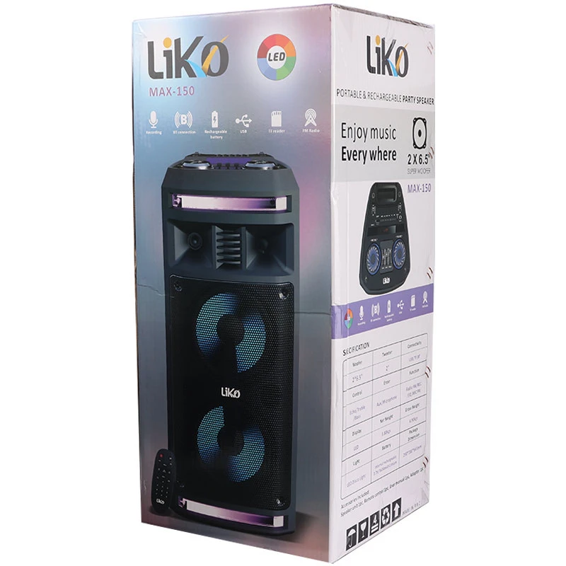اسپیکر چمدانی بلوتوثی رم و فلش خور Liko MAX-150 + میکروفون و ریموت کنترل