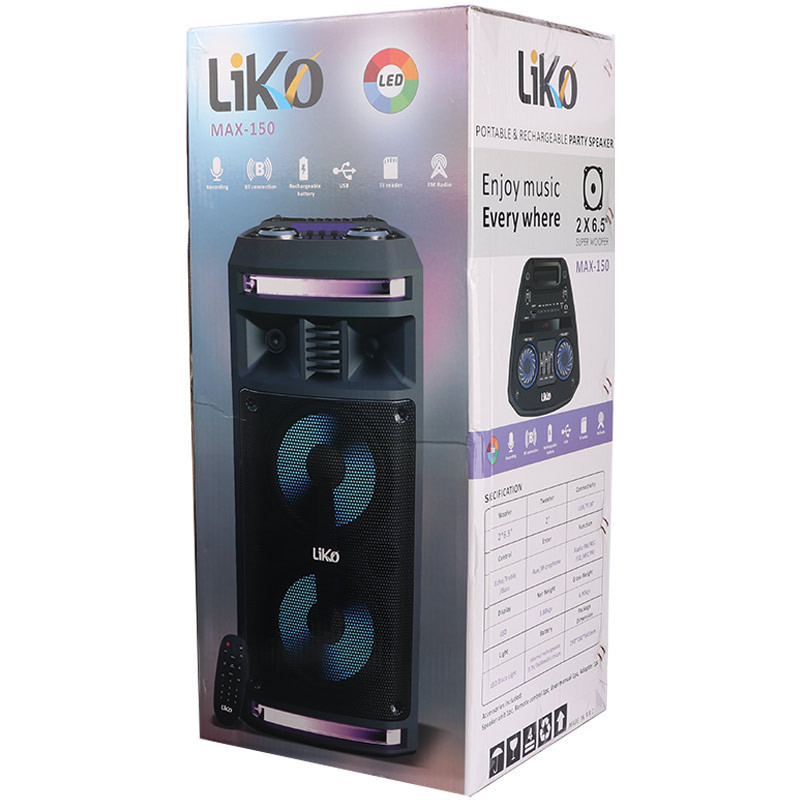 اسپیکر چمدانی بلوتوثی رم و فلش خور Liko MAX-150 + میکروفون و ریموت کنترل