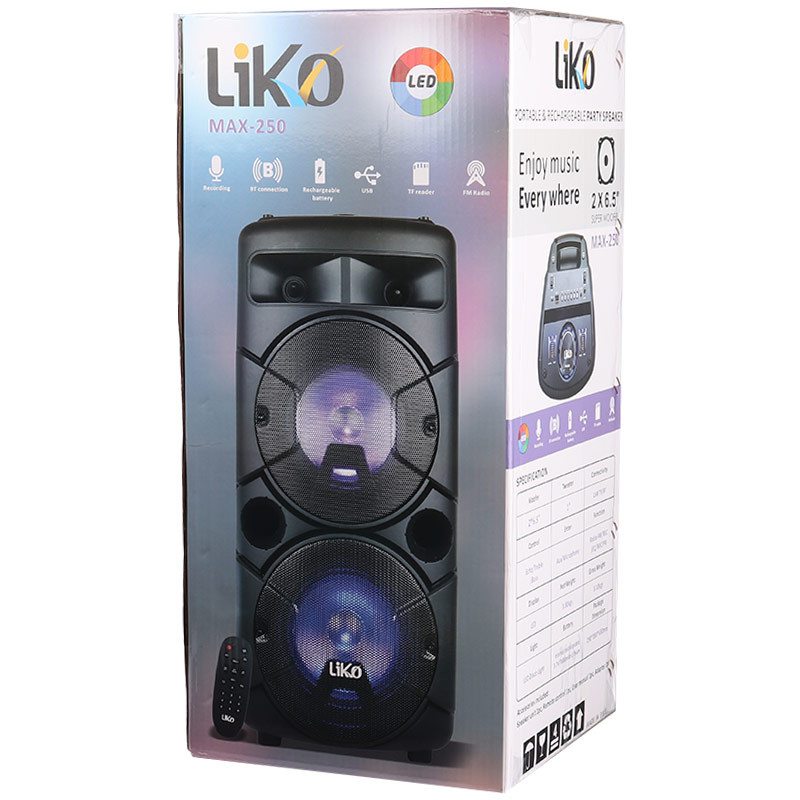 اسپیکر چمدانی بلوتوثی رم و فلش خور Liko MAX-250&nbsp;+ میکروفون و ریموت کنترل