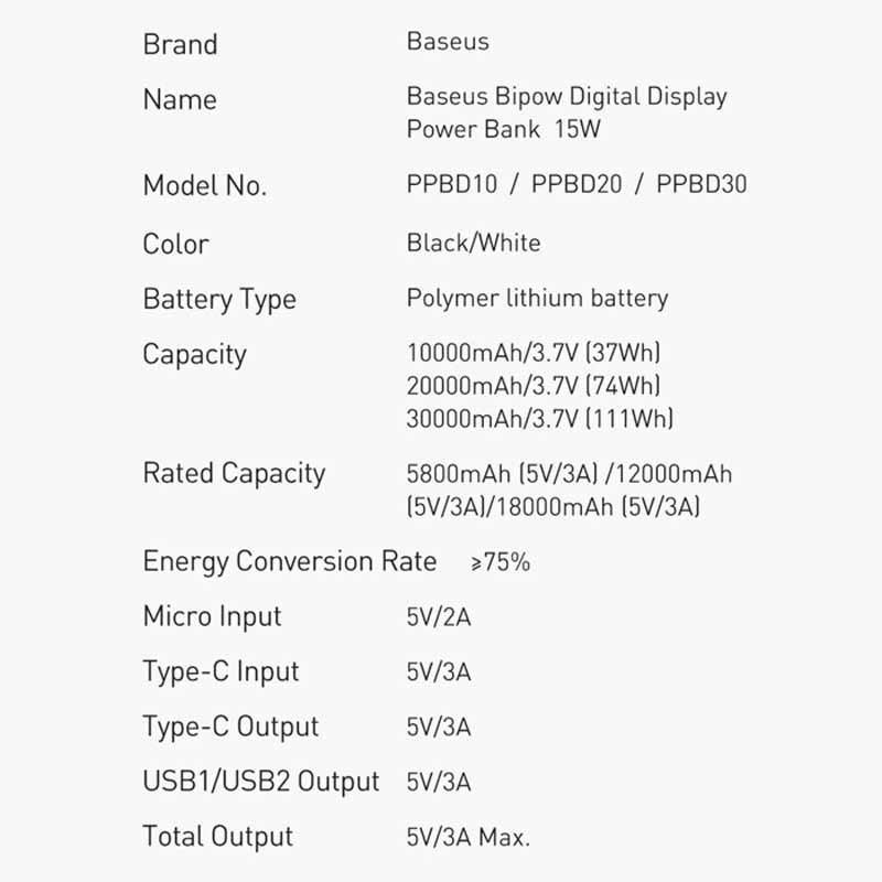 پاور بانک فست شارژ 20000 باسئوس Baseus Bipow PPBD05010 PD 15W