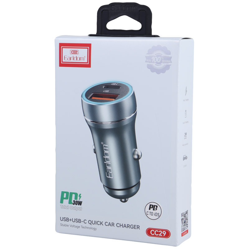 شارژر فندکی فست شارژ Earldom ES-CC29 QC3.0 PD 3A 30W + کابل تبدیل تایپ سی