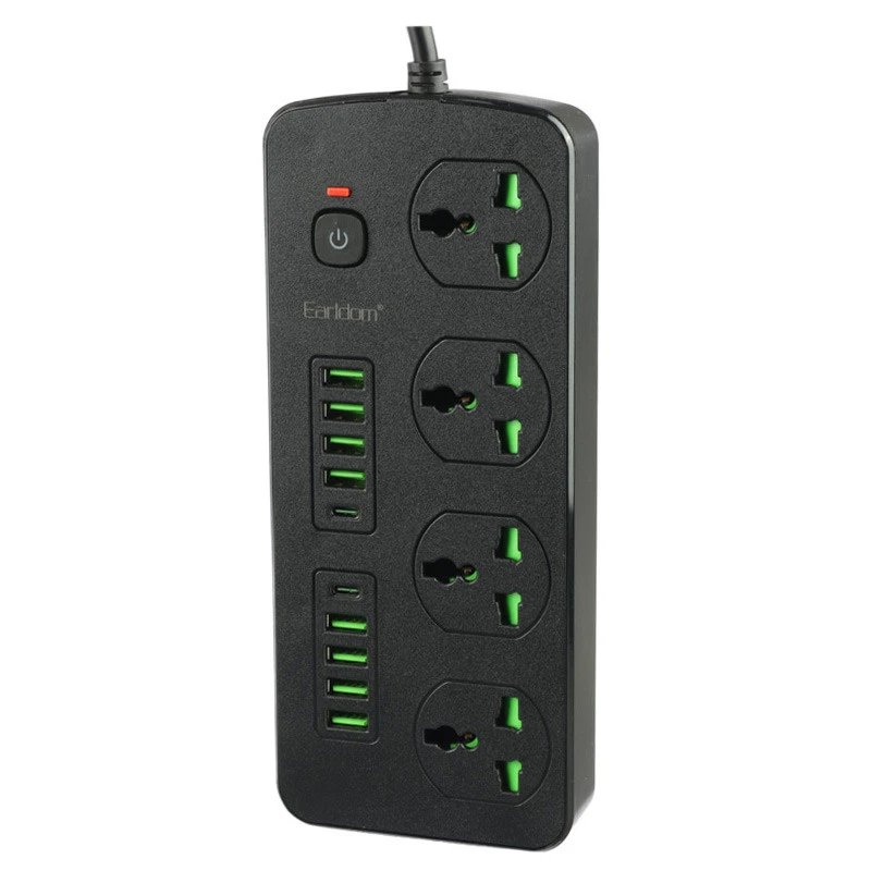 چند راهی 4 خانه برق ارت دار ارلدام ES-SC11 با کابل 2 متری + شارژر USB و Type-C