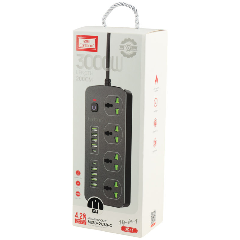 چند راهی 4 خانه برق ارت دار ارلدام ES-SC11 با کابل 2 متری + شارژر USB و Type-C