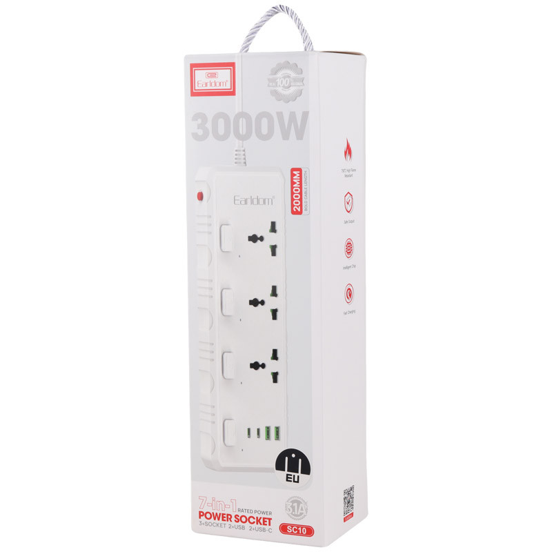 چند راهی 3 خانه برق ارت دار ارلدام ES-SC10 با کابل 2 متری + شارژر USB و Type-C