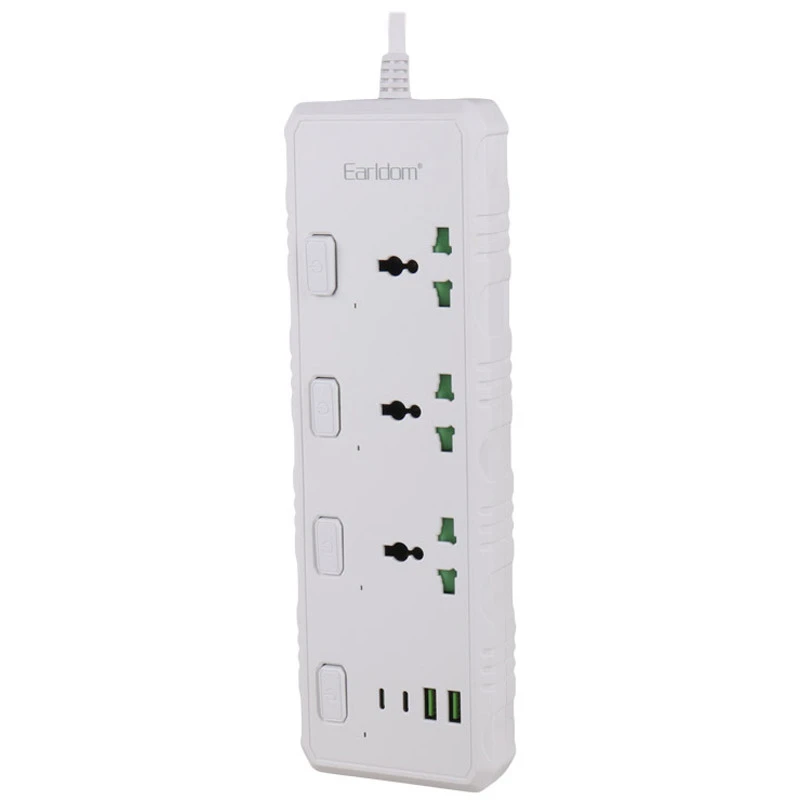 چند راهی 3 خانه برق ارت دار ارلدام ES-SC10 با کابل 2 متری + شارژر USB و Type-C