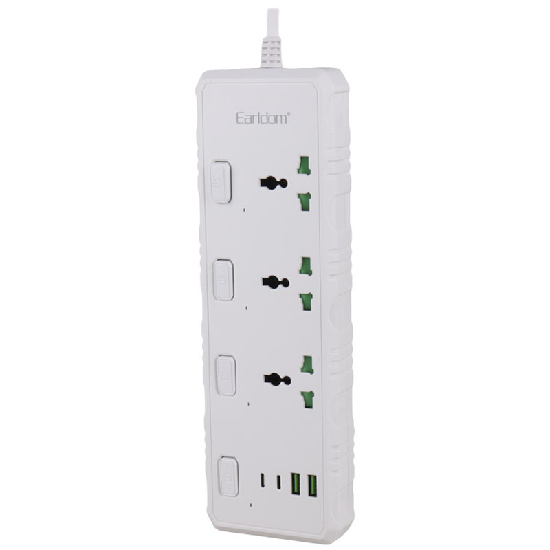 چند راهی 3 خانه برق ارت دار ارلدام ES-SC10 با کابل 2 متری + شارژر USB و Type-C