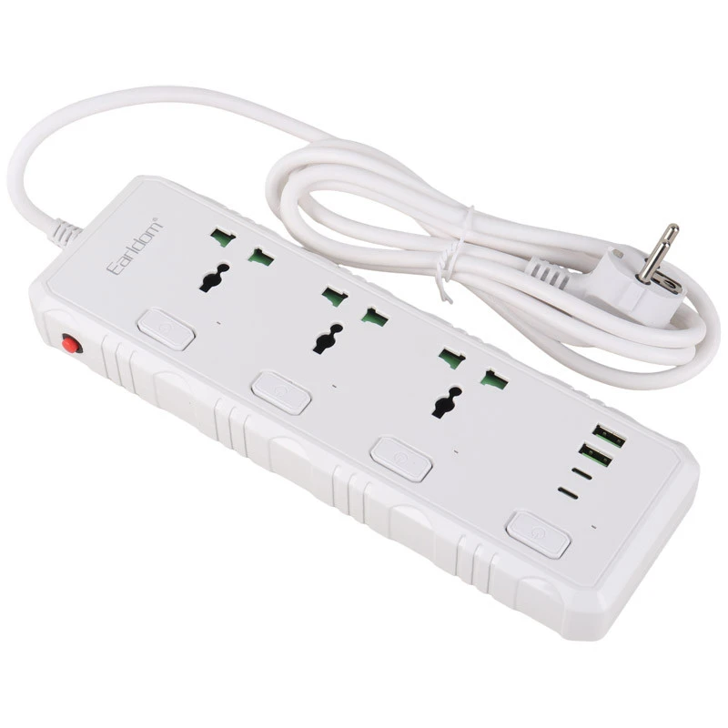 چند راهی 3 خانه برق ارت دار ارلدام ES-SC10 با کابل 2 متری + شارژر USB و Type-C