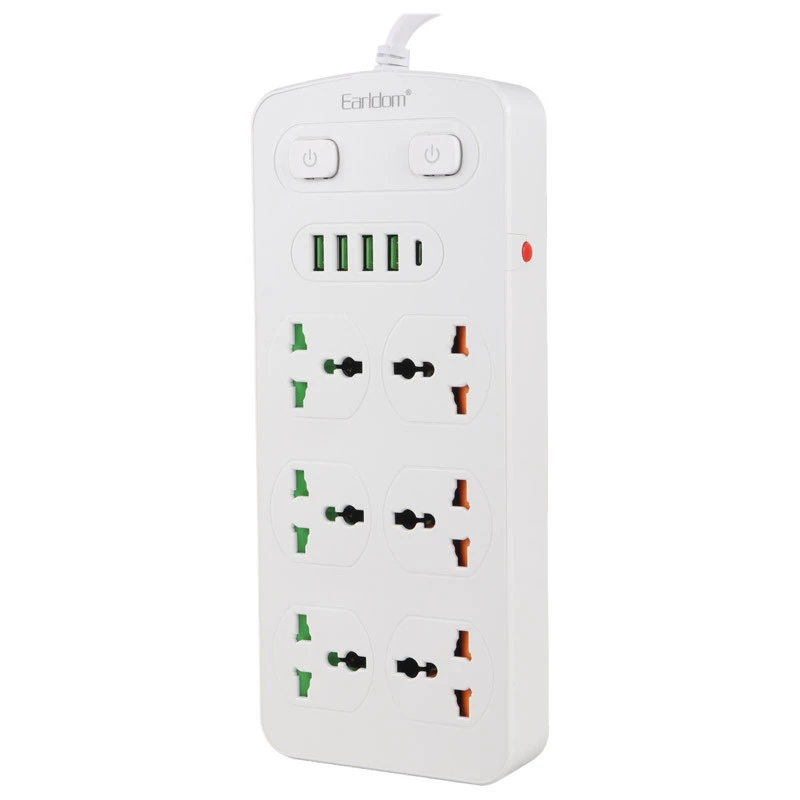 چند راهی 6 خانه برق ارت دار ارلدام ES-SC09 با کابل 2 متری + شارژر USB و Type-C