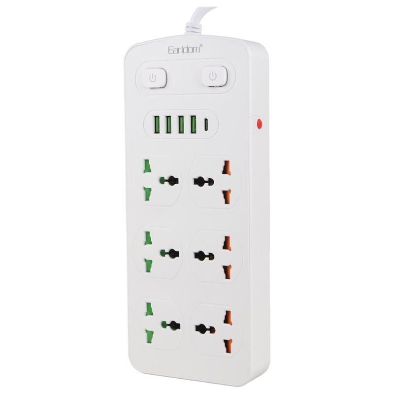 چند راهی 6 خانه برق ارت دار ارلدام ES-SC09 با کابل 2 متری + شارژر USB و Type-C